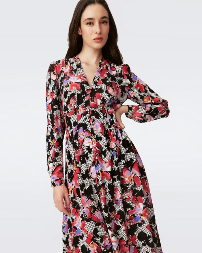 Women Erica Long Sleeve Midi Dress Odette Floral DVF Dresses