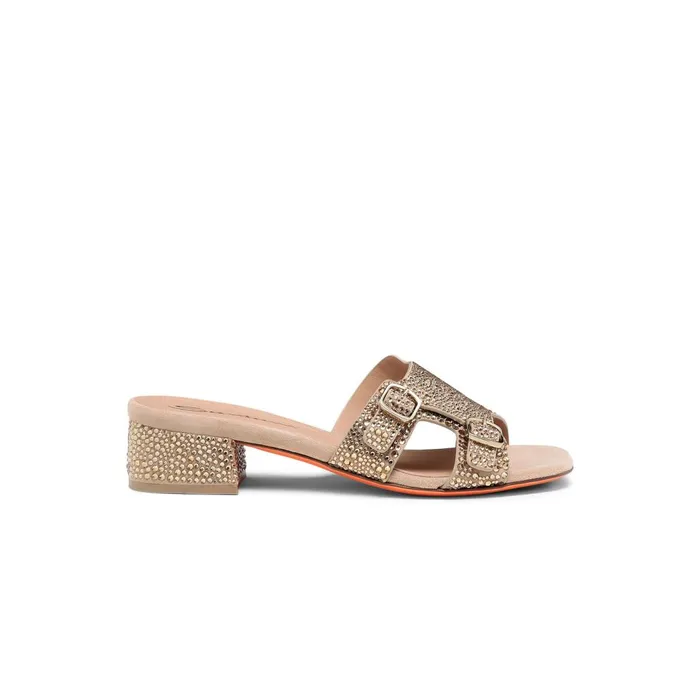 Women Gold Suede And Strass LowHeel Didi Sandal Santoni Sandals