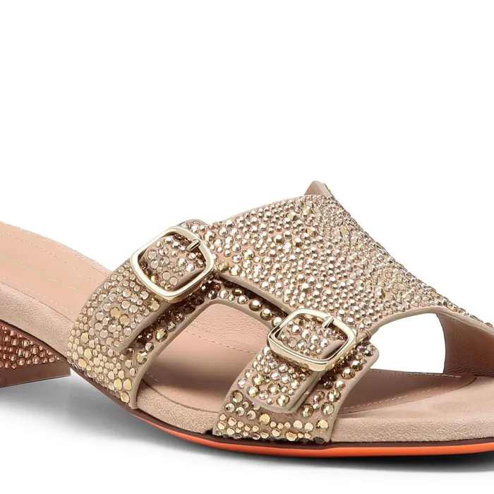 Women Gold Suede And Strass LowHeel Didi Sandal Santoni Sandals