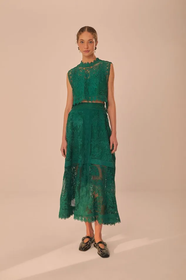 Women Green Toucans Guipure Midi Skirt Green FARM Rio Skirts
