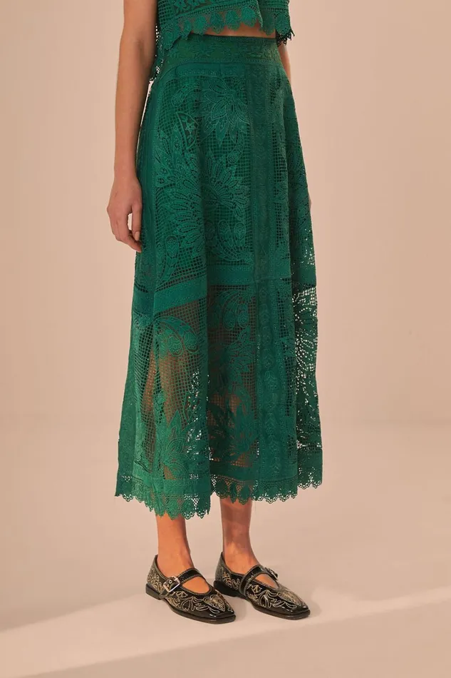 Women Green Toucans Guipure Midi Skirt Green FARM Rio Skirts