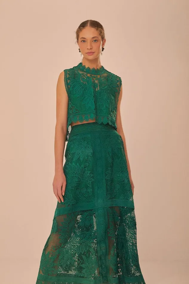 Women Green Toucans Guipure Midi Skirt Green FARM Rio Skirts