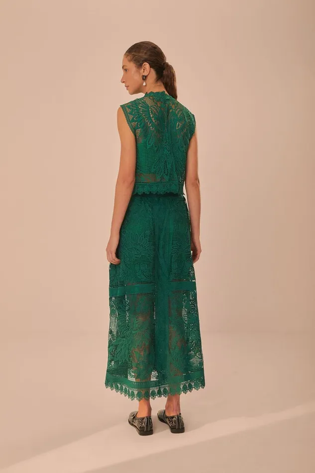 Women Green Toucans Guipure Midi Skirt Green FARM Rio Skirts