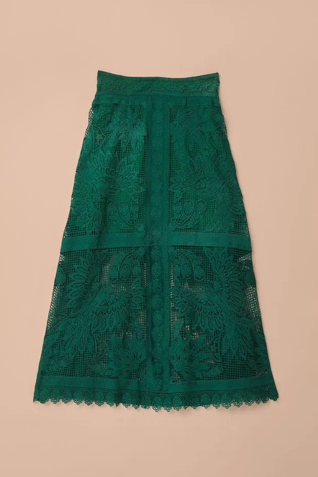 Women Green Toucans Guipure Midi Skirt Green FARM Rio Skirts