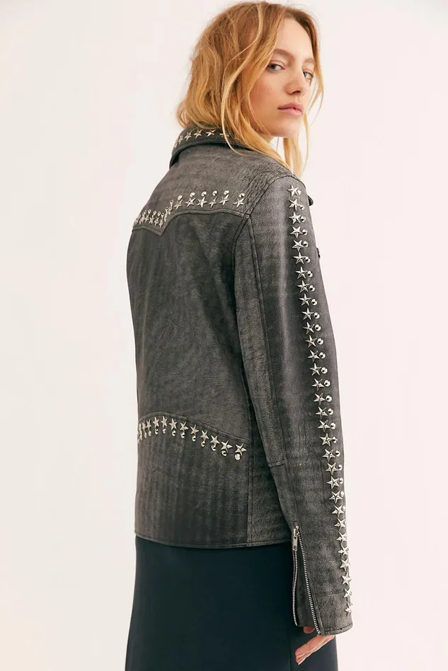 Women Jackets Free People Star Studded Distressed Jacket Distressed Black