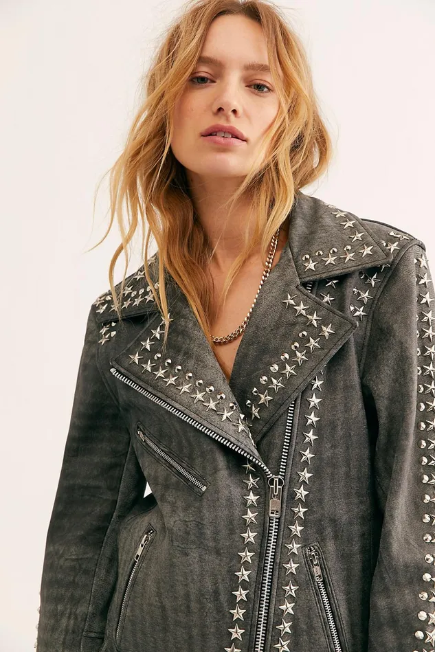 Women Jackets Free People Star Studded Distressed Jacket Distressed Black