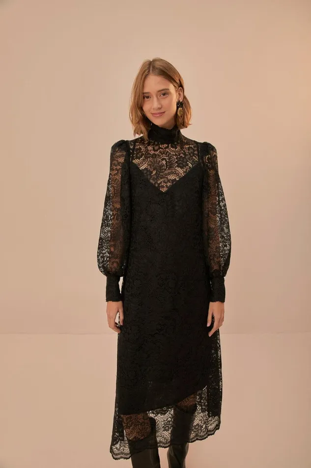 Women Lace Black Midi Dress Black FARM Rio Midi Dresses