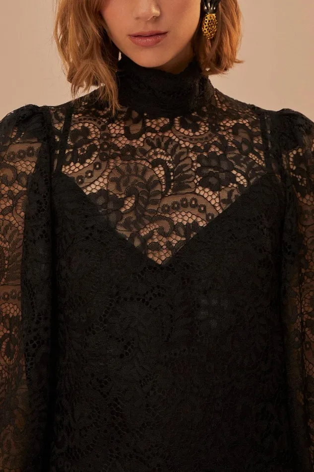 Women Lace Black Midi Dress Black FARM Rio Midi Dresses