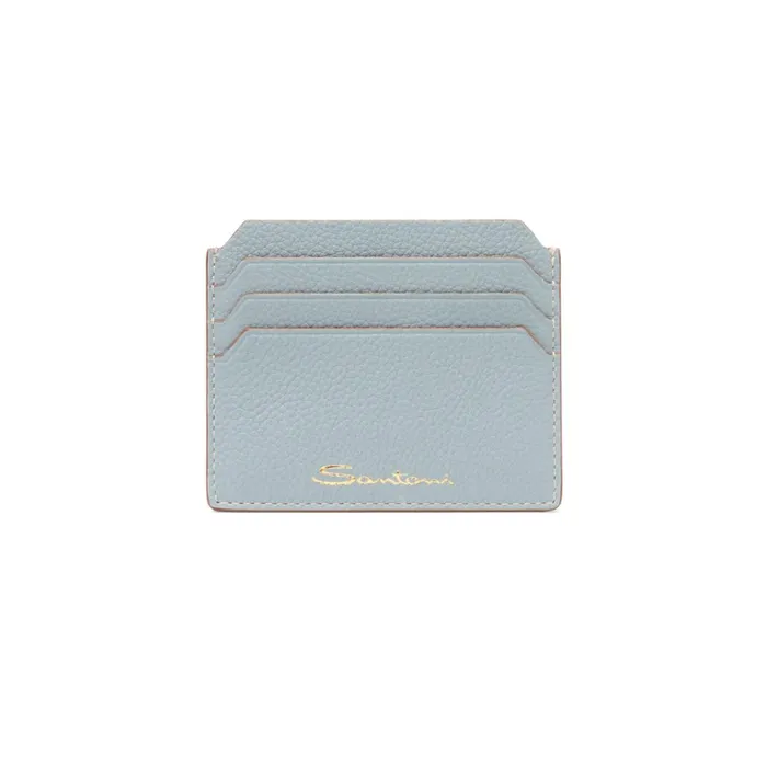 Women Light Blue Tumbled Leather Credit Card Holder Santoni Small Leather Goods