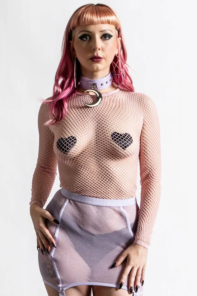Women Long Sleeves Killstar Sweetheart Fishnet Top PASTEL PINK