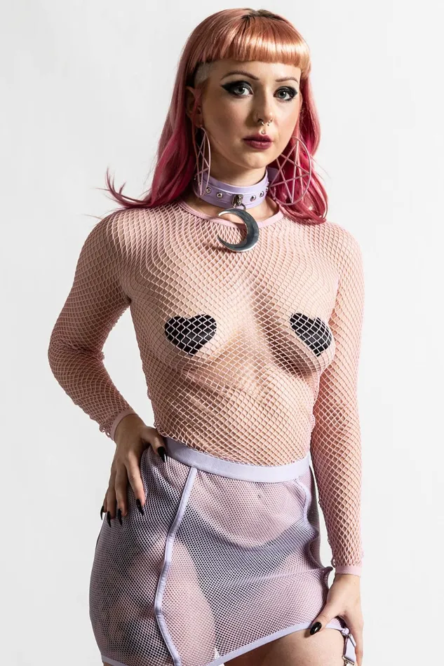 Women Long Sleeves Killstar Sweetheart Fishnet Top PASTEL PINK