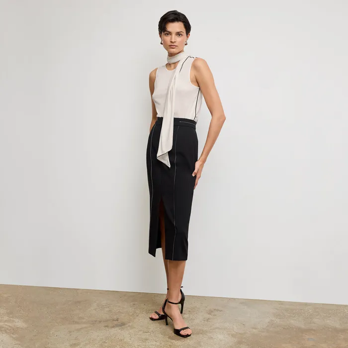 Women M M LaFleur The Meghan Midi Skirt 8211 Everyday Crepe with Topstitch Black With Topstitch Skirts