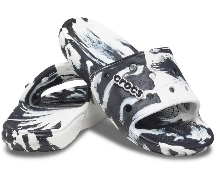 WomenMen Classic Crocs Marbled Slide White Black Crocs Sandals
