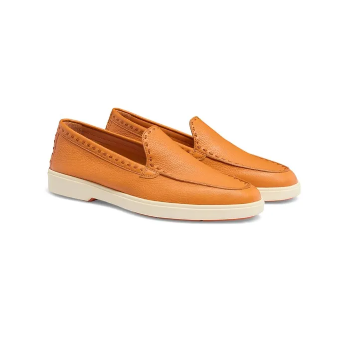 Women Orange Tumbled Leather Loafer Santoni Loafers