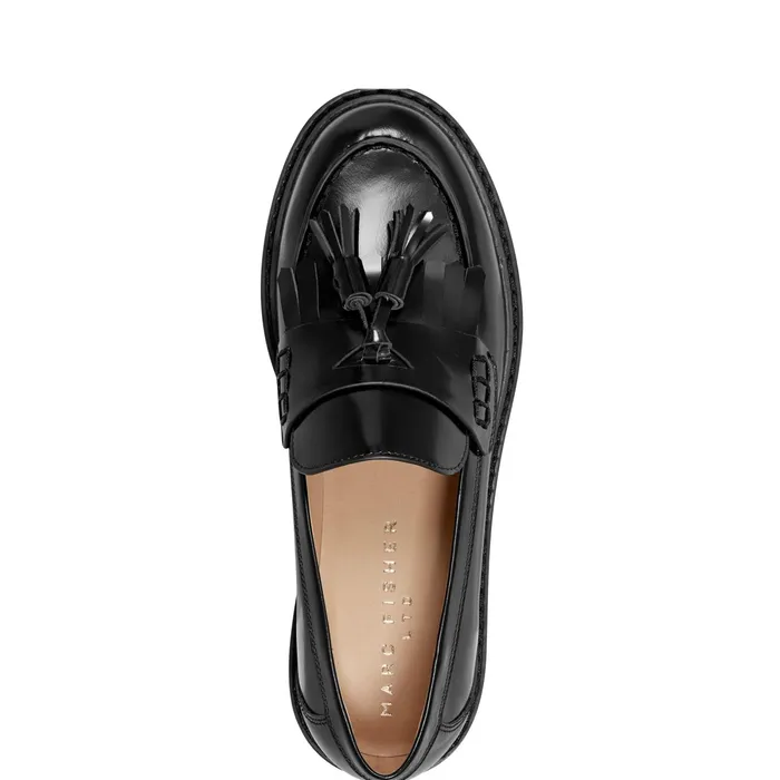 Women Ozzie Tassle Loafer Black Leather Marc Fisher Loafers and Flats