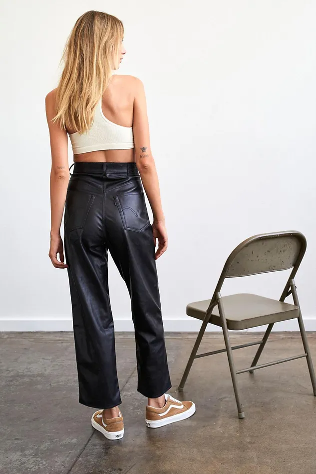 Women Pants Free People Levi039s Faux Leather Ribcage Straight Jeans Leather Night Black