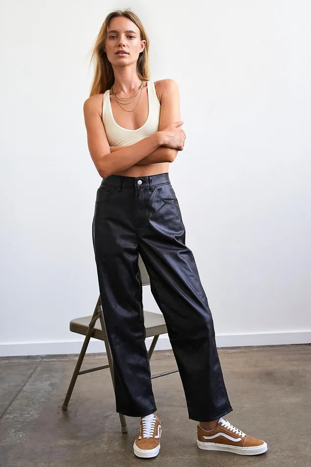 Women Pants Free People Levi039s Faux Leather Ribcage Straight Jeans Leather Night Black