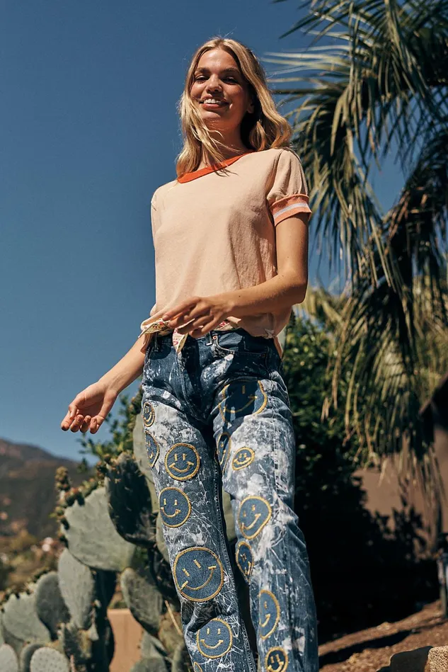 Women Printed Jeans Free People Rialto The Luana Jeans Smiley Blue