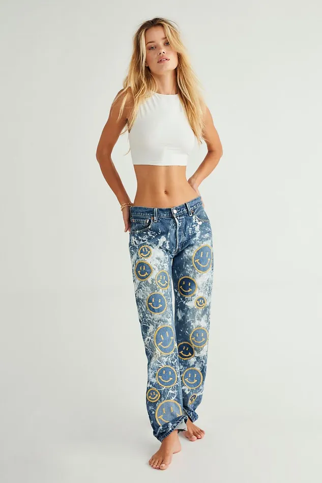 Women Printed Jeans Free People Rialto The Luana Jeans Smiley Blue