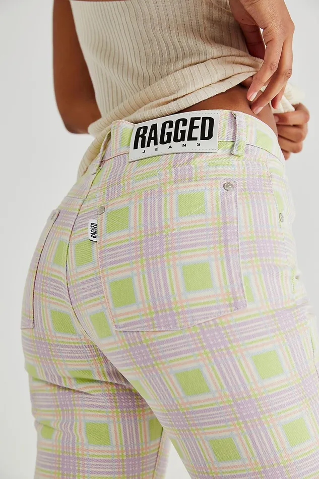 Women Printed Jeans Free People The Ragged Priest Trail Jeans Green Check