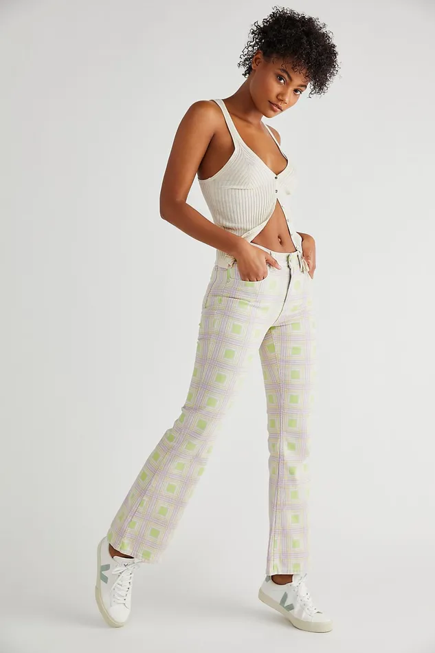 Women Printed Jeans Free People The Ragged Priest Trail Jeans Green Check