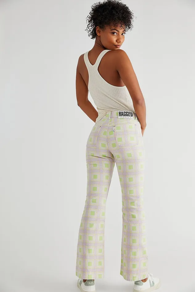 Women Printed Jeans Free People The Ragged Priest Trail Jeans Green Check