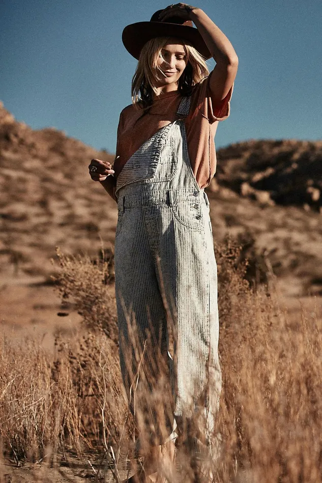 Women Printed Jeans Free People Ziggy Railroad Overalls Railroad Stripe