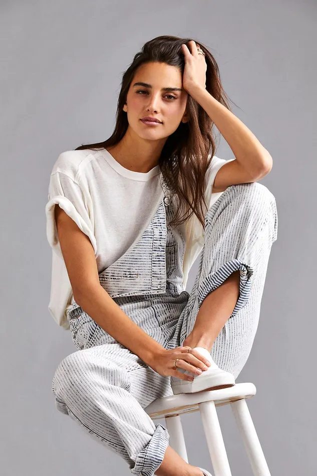 Women Printed Jeans Free People Ziggy Railroad Overalls Railroad Stripe