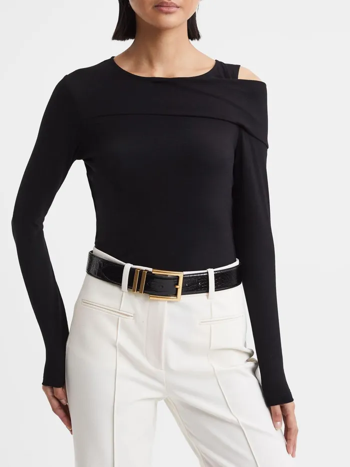 Women Reiss Belts Brompton Patent Leather Crocodile Design Belt Black