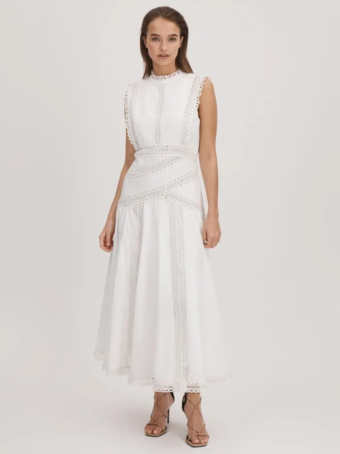 Women Reiss Brands Cotton Lace Midi Dress Ivory