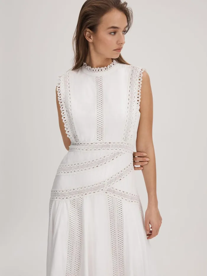 Women Reiss Brands Cotton Lace Midi Dress Ivory