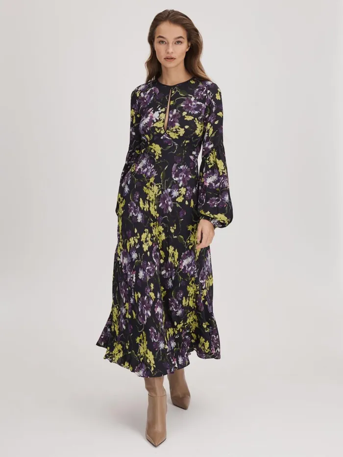 Women Reiss Brands Printed Blouson Sleeve Midi Dress Dark Purple