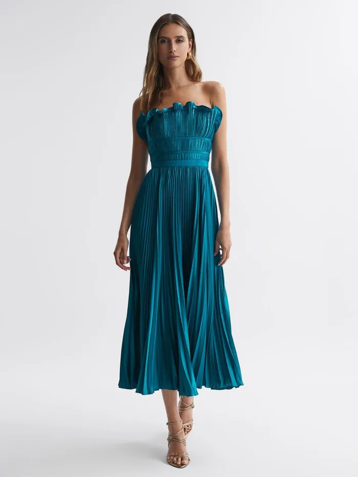 Women Reiss Brands Strapless Pleated Midi Dress Lagoon Blue