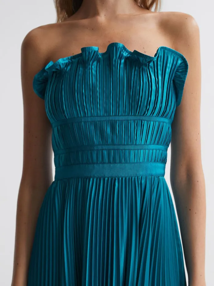 Women Reiss Brands Strapless Pleated Midi Dress Lagoon Blue