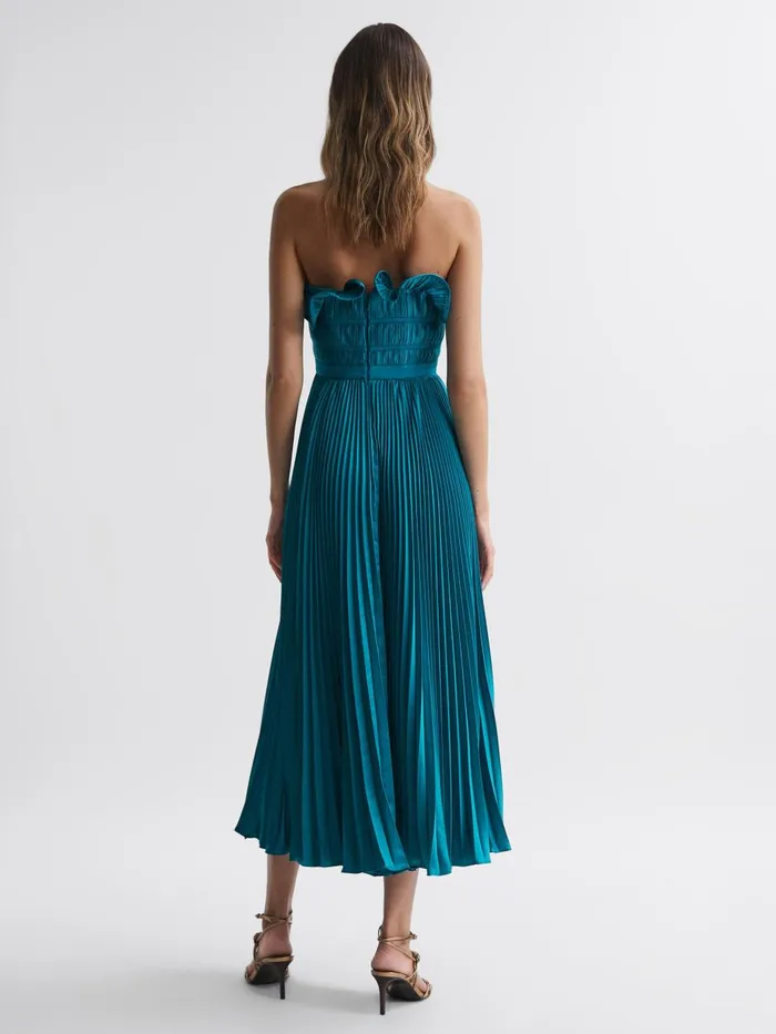 Women Reiss Brands Strapless Pleated Midi Dress Lagoon Blue