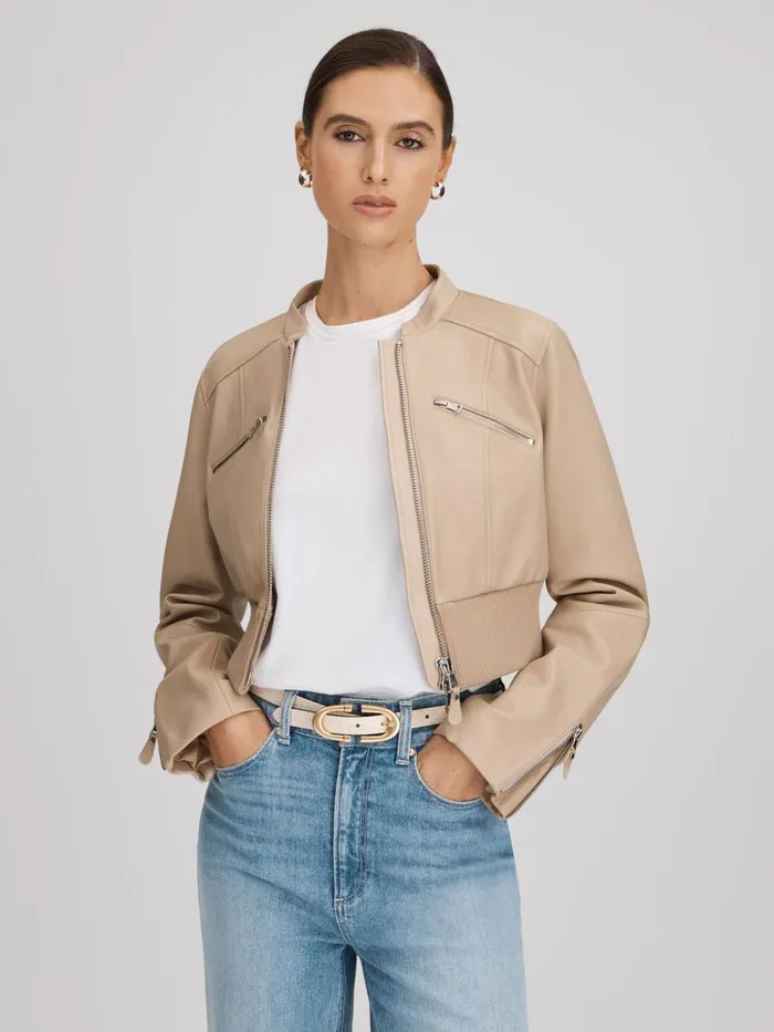 Women Reiss Coats Cropped Leather Jacket Cream