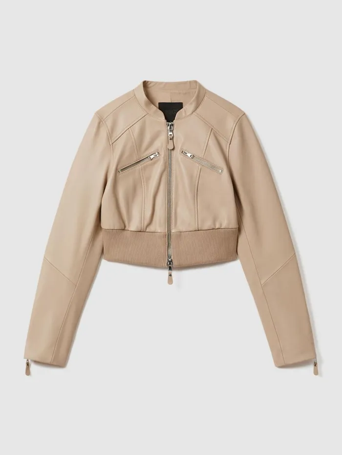 Women Reiss Coats Cropped Leather Jacket Cream