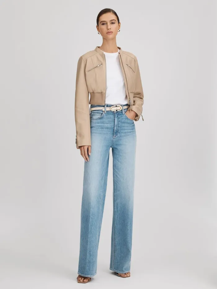 Women Reiss Coats Cropped Leather Jacket Cream