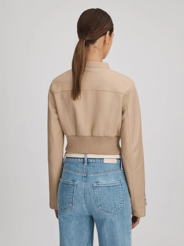 Women Reiss Coats Cropped Leather Jacket Cream