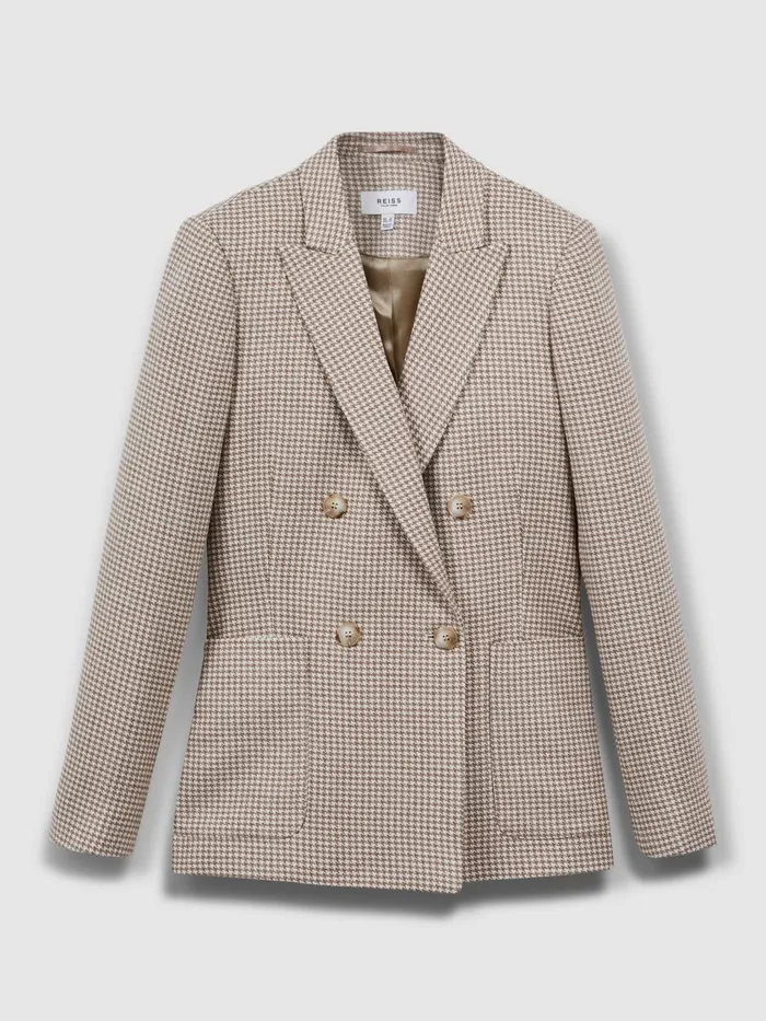 Women Reiss Coats Ella Wool Blend Double Breasted Dogtooth Blazer Beige Check