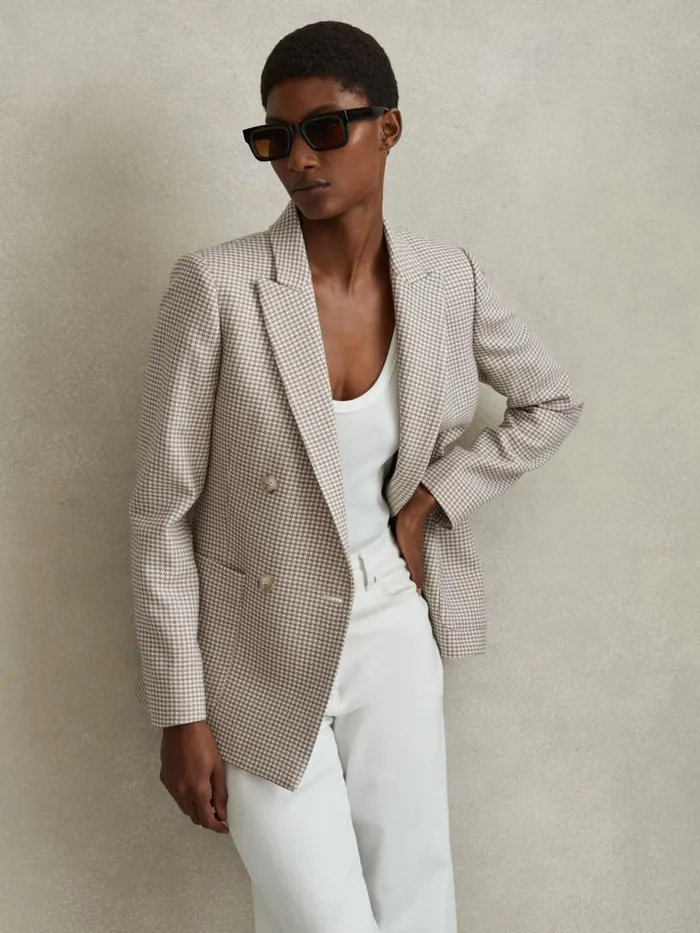 Women Reiss Coats Ella Wool Blend Double Breasted Dogtooth Blazer Beige Check