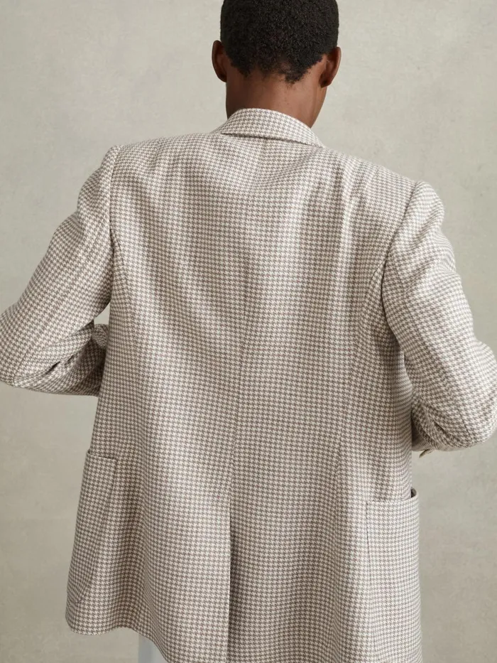 Women Reiss Coats Ella Wool Blend Double Breasted Dogtooth Blazer Beige Check