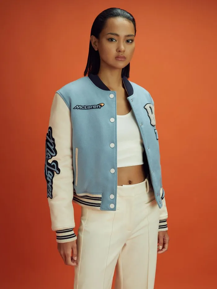 Women Reiss Coats F1 Leather Varsity Jacket Soft Blueecru