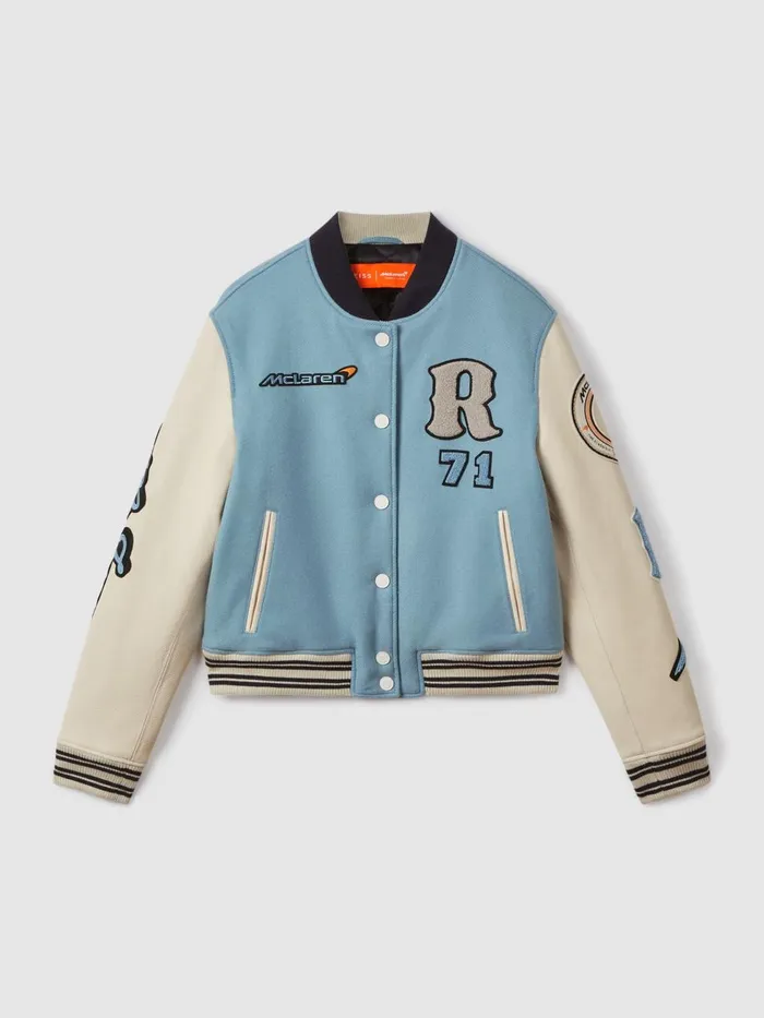 Women Reiss Coats F1 Leather Varsity Jacket Soft Blueecru