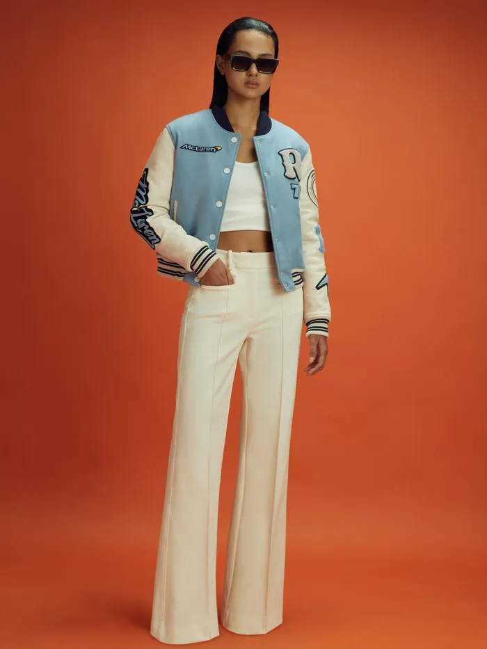Women Reiss Coats F1 Leather Varsity Jacket Soft Blueecru
