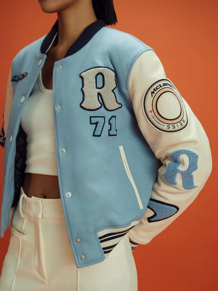 Women Reiss Coats F1 Leather Varsity Jacket Soft Blueecru