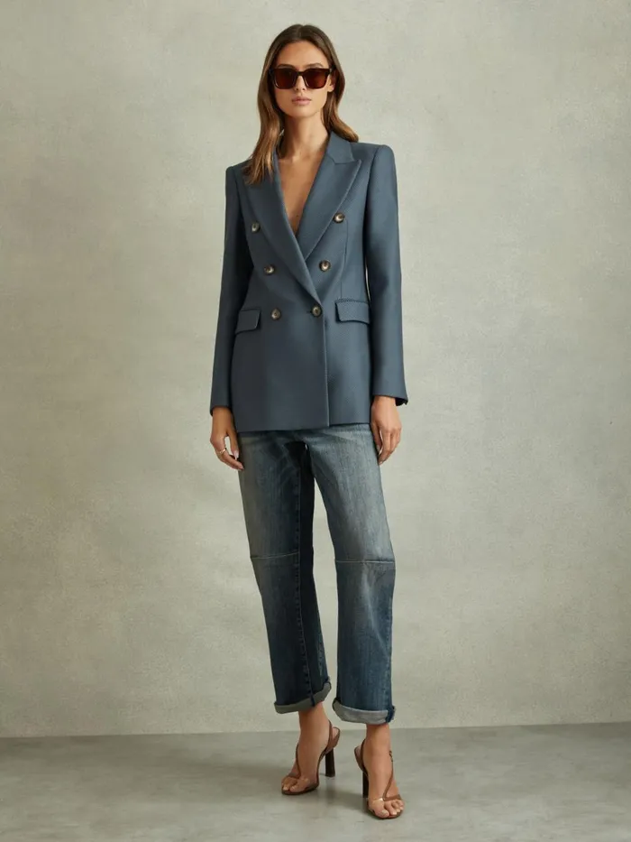 Women Reiss Coats Fran Tailored Wool Blend Double Breasted Twill Blazer Blue