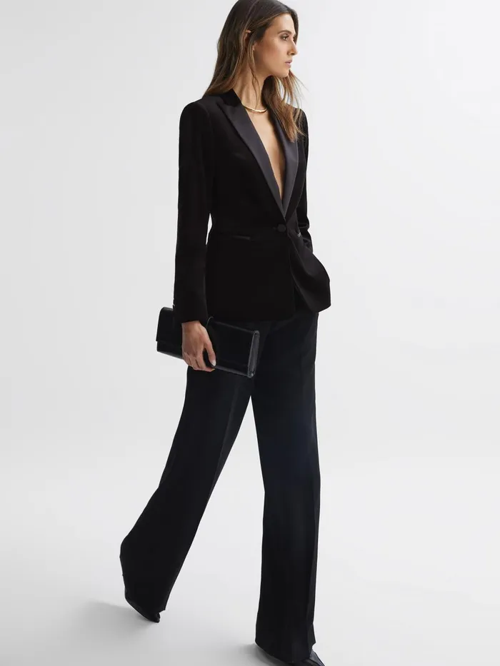 Women Reiss Coats Opal Fitted Velvet Single Breasted Suit Blazer Black