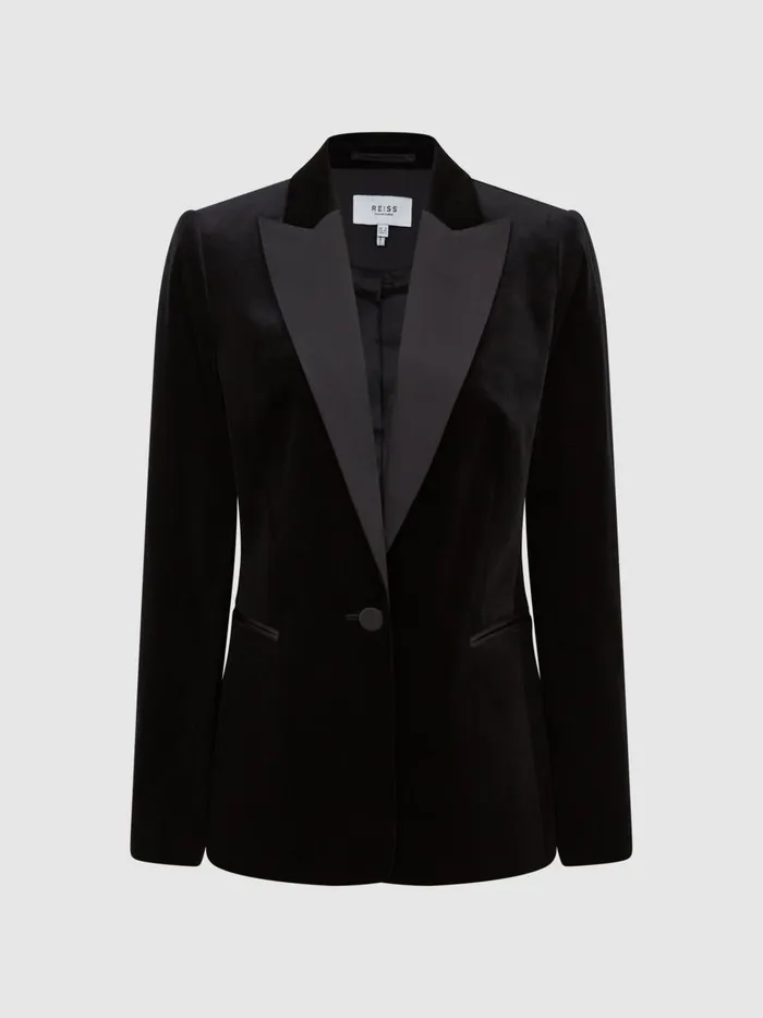 Women Reiss Coats Opal Fitted Velvet Single Breasted Suit Blazer Black