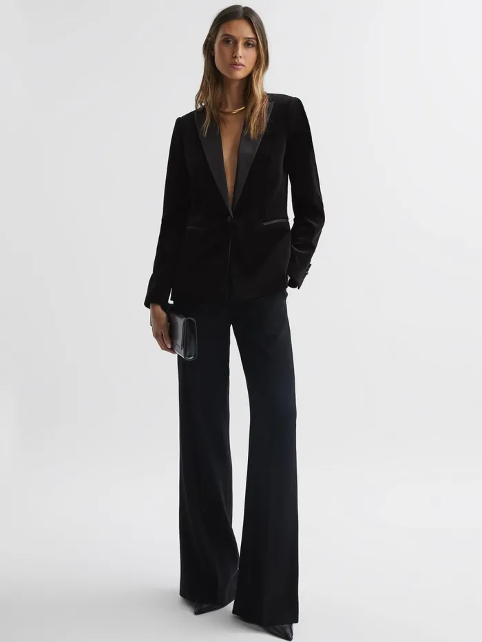 Women Reiss Coats Opal Fitted Velvet Single Breasted Suit Blazer Black